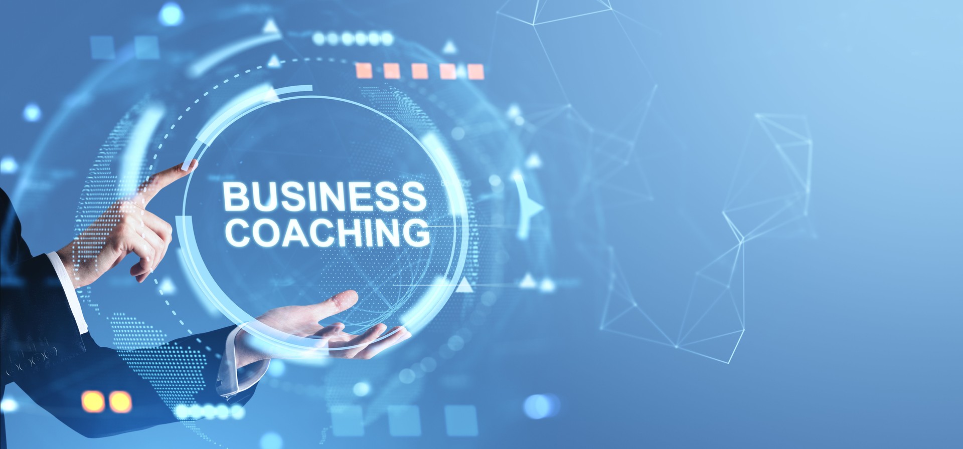 Business coaching concept with digital hologram interface and businessman hands on futuristic blue background in virtual technology style.